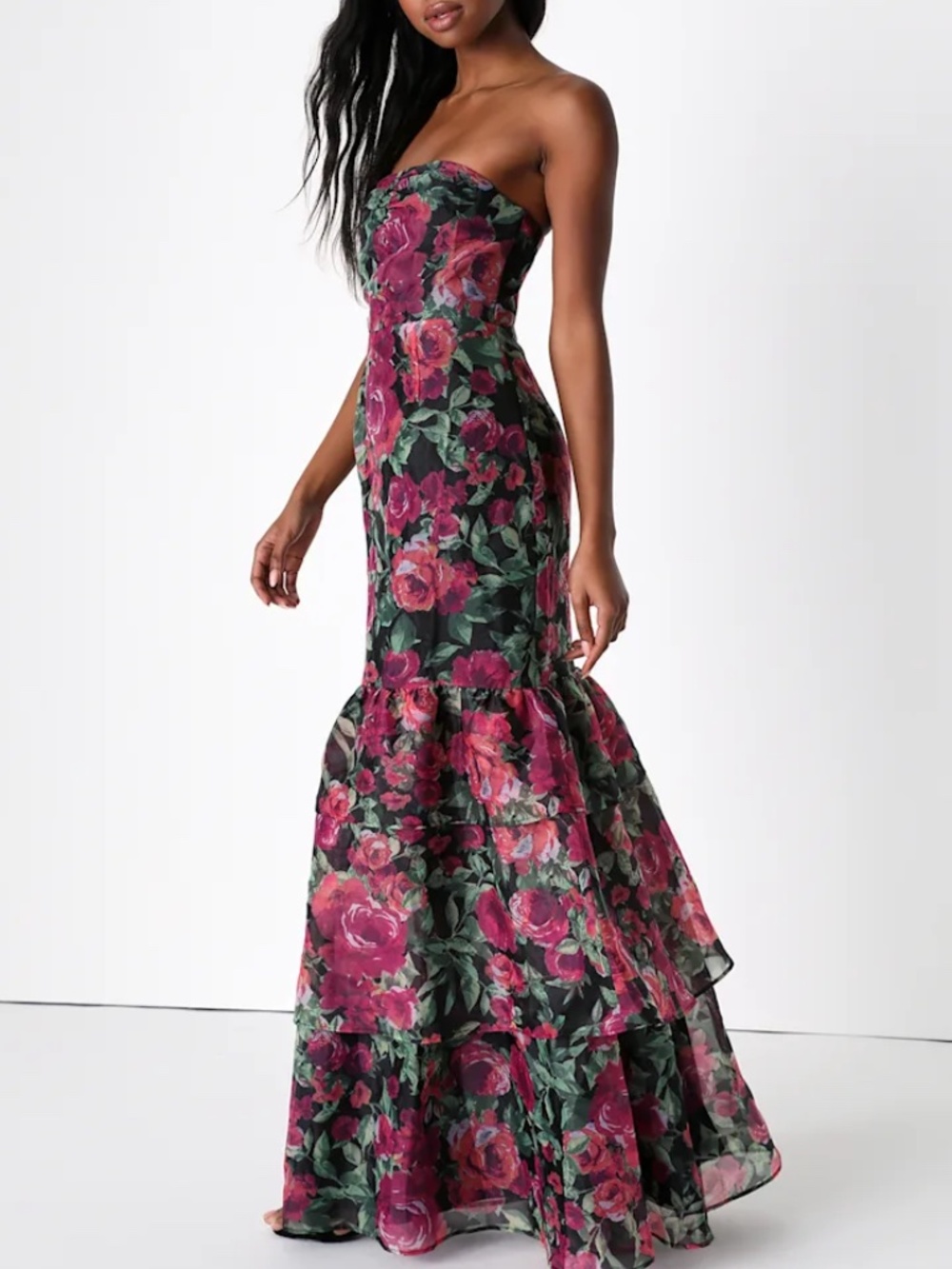 Lulus Fleur of Dreams Green and Pink Floral Print Organza Maxi Dress -size small